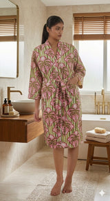 Cotton Kimono Handblock Printed Unisex Bathrobe - Free Size