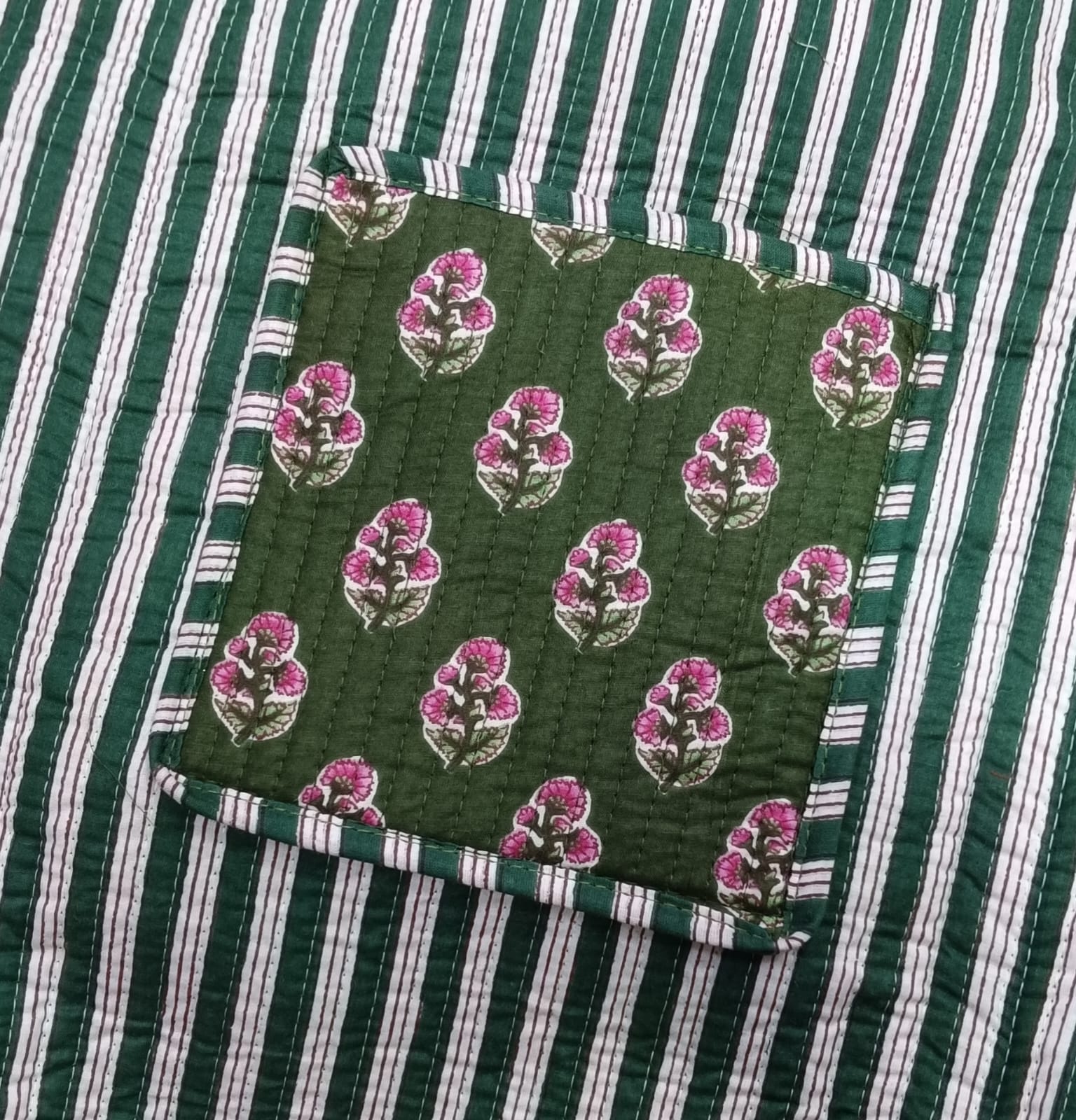 Handblock Printed Quilted Tote Bag with concealed zip ( 17x18x 6 inches)