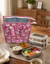 Handblock Printed Insulated Lunch Bag in Canvas Cotton with Zipper Closure (10*14*5  inches)