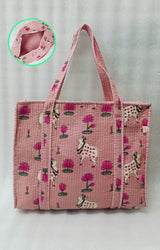 Handblock Printed Quilted Tote Bag with concealed zip ( 17x18x 6 inches)