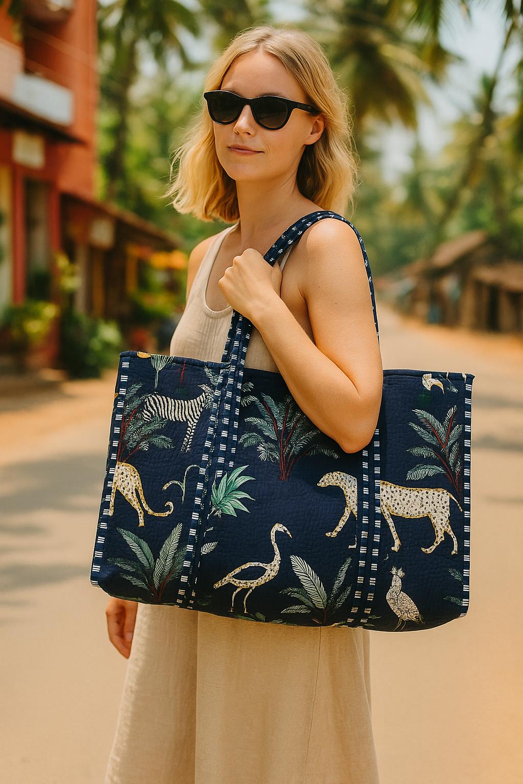 Handblock Printed Quilted Tote Bag without zip/button 17x18x 6 inches