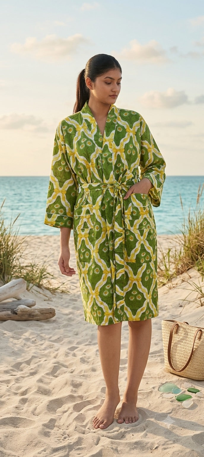 Cotton Kimono Handblock Printed Unisex Bathrobe - Free Size