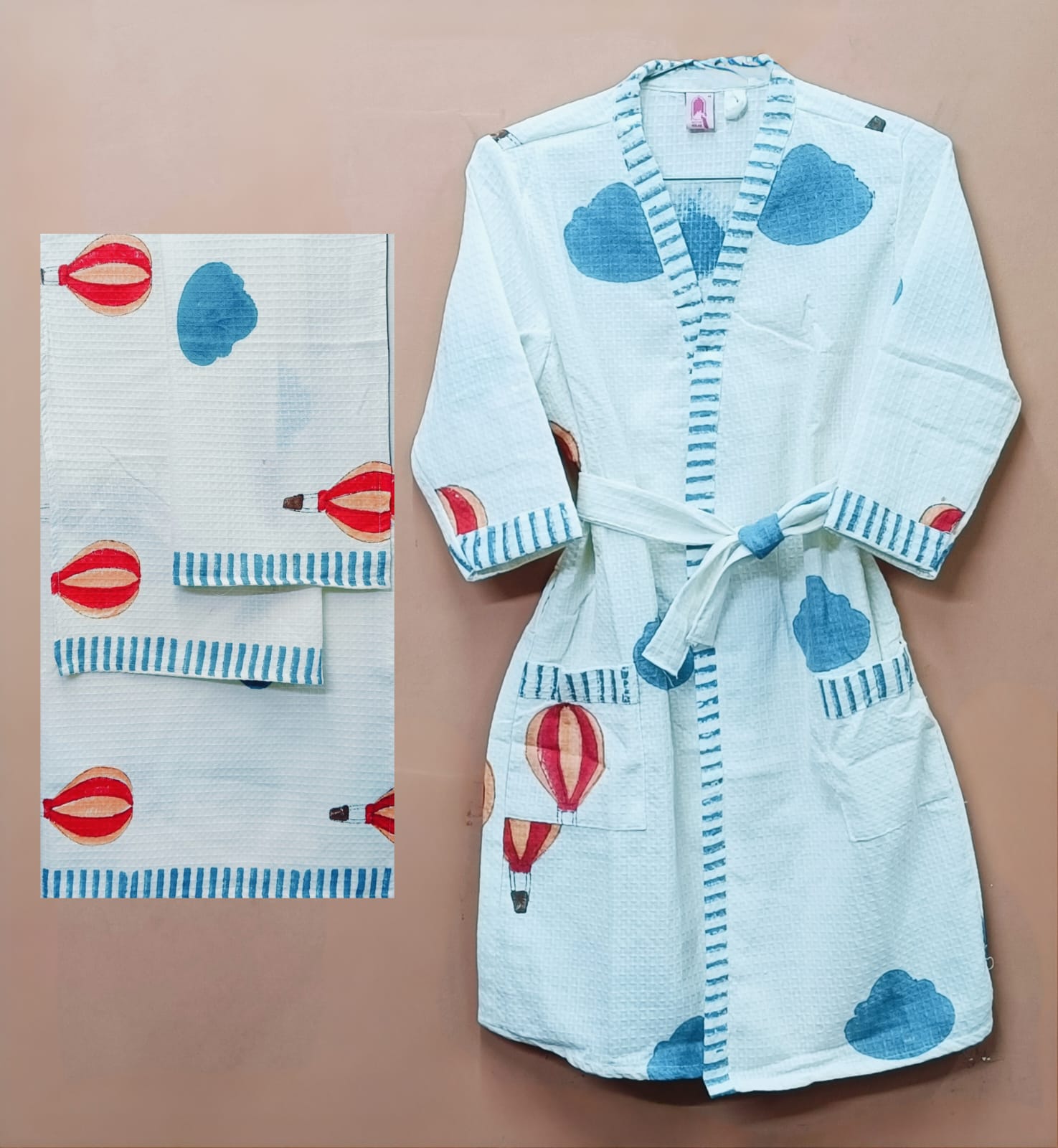 Handblock Printed Waffle Cotton Bathrobe Gift Box for Kids (4-13 Years) – Includes Bath Towel & 2 Hand Towels