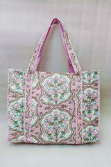 Handblock Printed Quilted Tote Bag without zip/button 17x18x 6 inches