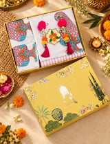 Diwali Luxury Gift Box | 1 Ethnic Motifs Super King Size Bedsheet with 2 Pillow Covers, 1 Handmade Urli Candle, Set of 2 Door Hangings