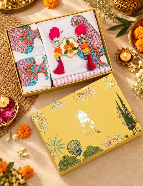 Diwali Luxury Gift Box | 1 Ethnic Motifs Super King Size Bedsheet with 2 Pillow Covers, 1 Handmade Urli Candle, Set of 2 Door Hangings