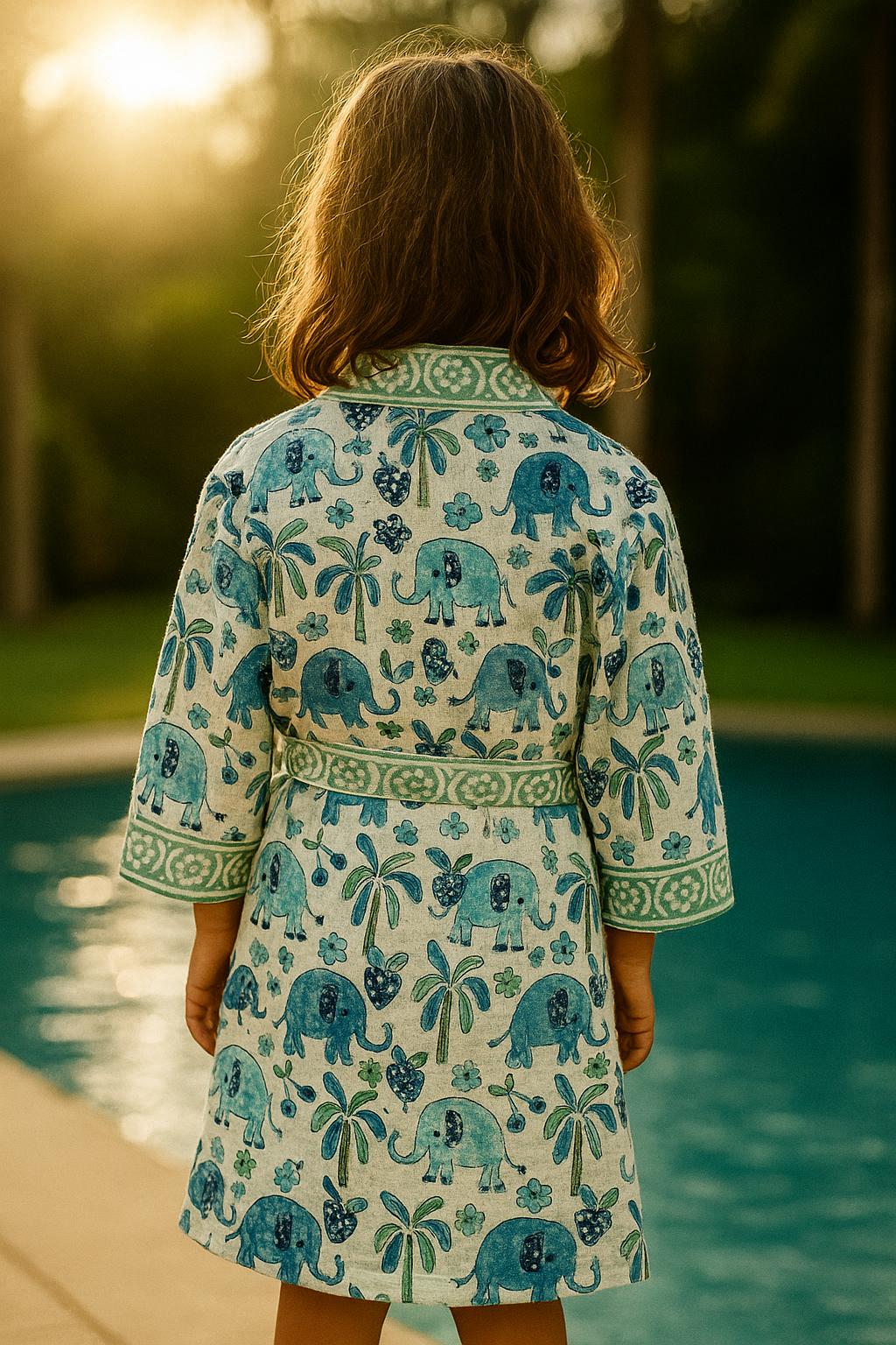 Handblock printed waffle cotton bathrobe for kids - 4-13 years old