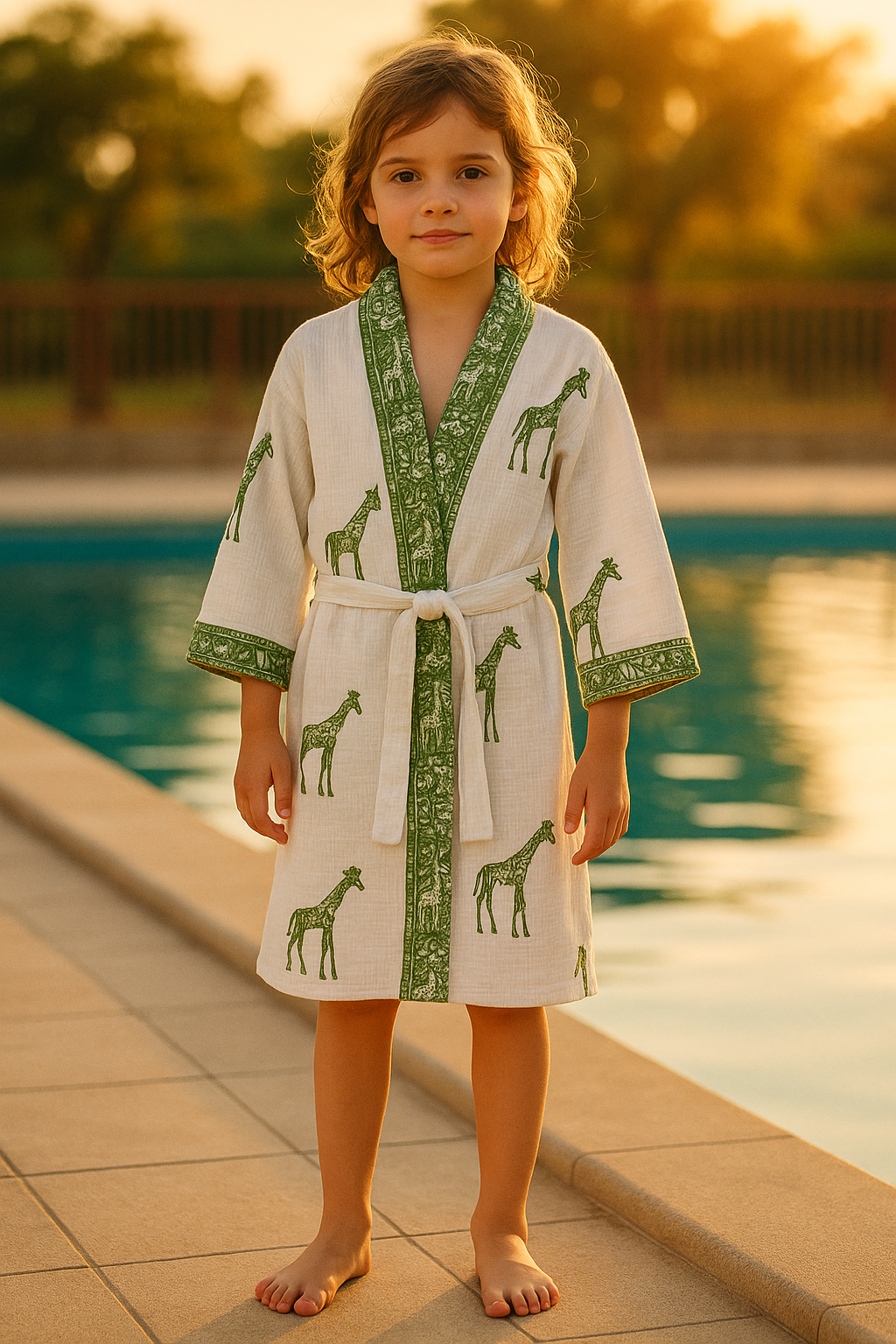 Handblock printed waffle cotton bathrobe for kids - 4-13 years old