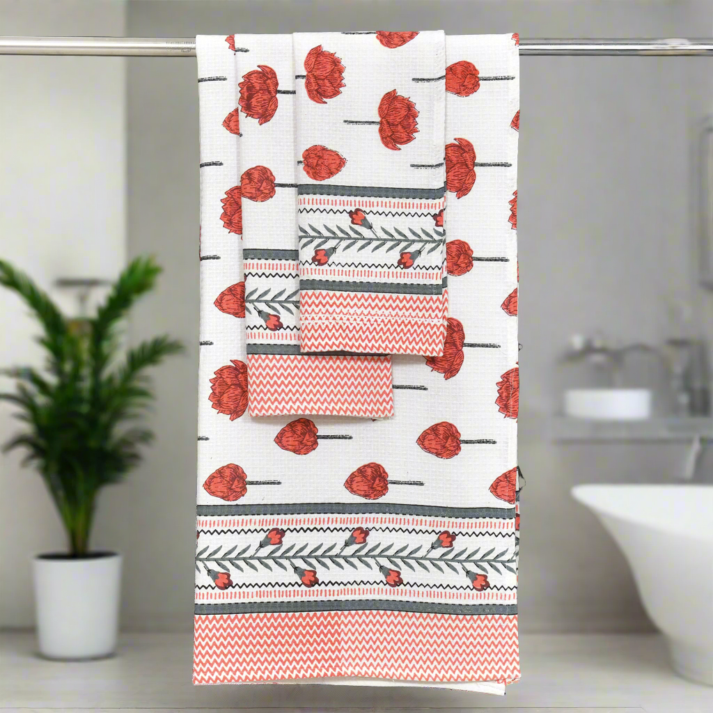 Gift Set - Handblock Printed Towels - 1 Bath + 2 Hand Towels