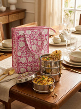 Handblock Printed Insulated Lunch Bag in Canvas Cotton with Zipper Closure (10*14*5  inches)