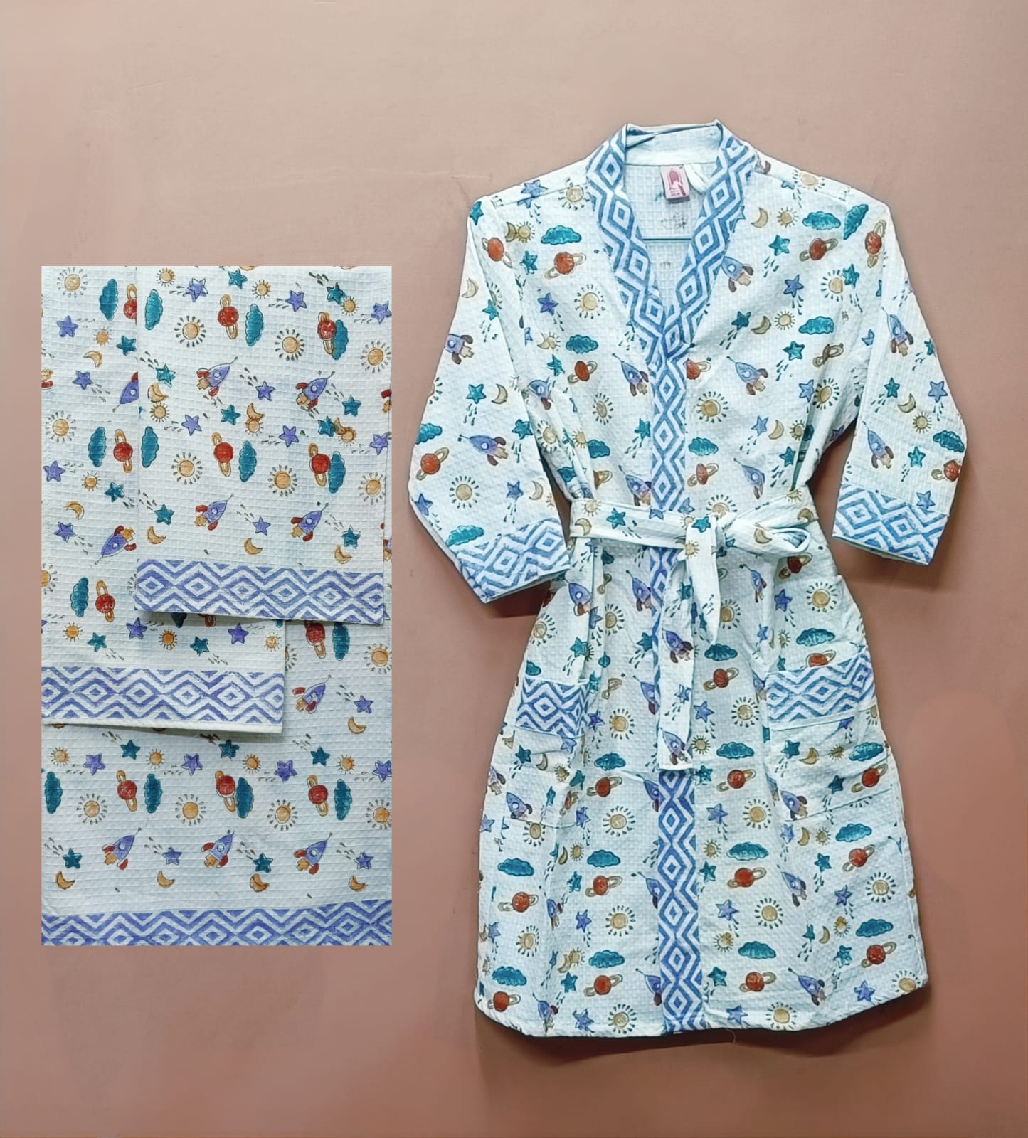 Handblock Printed Waffle Cotton Bathrobe Gift Box for Kids (4-13 Years) – Includes Bath Towel & 2 Hand Towels