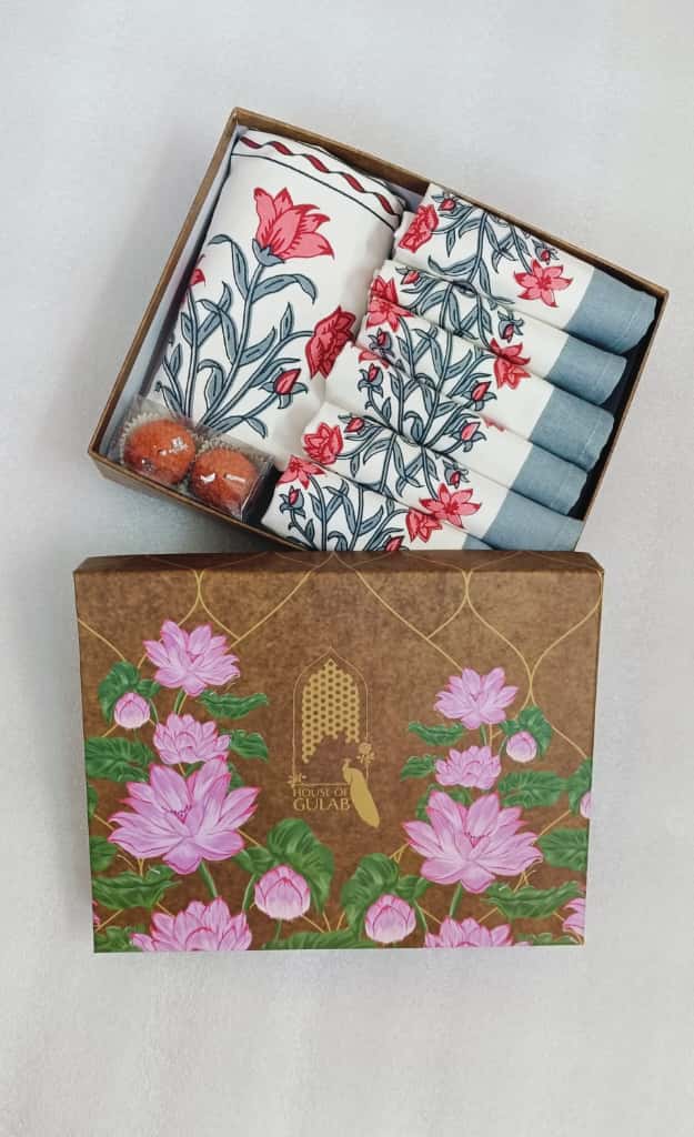 Diwali Gift Box with Handblock Printed Canvas Cotton Table Runner & Set Of 6 Mats, 2 laddoo candles