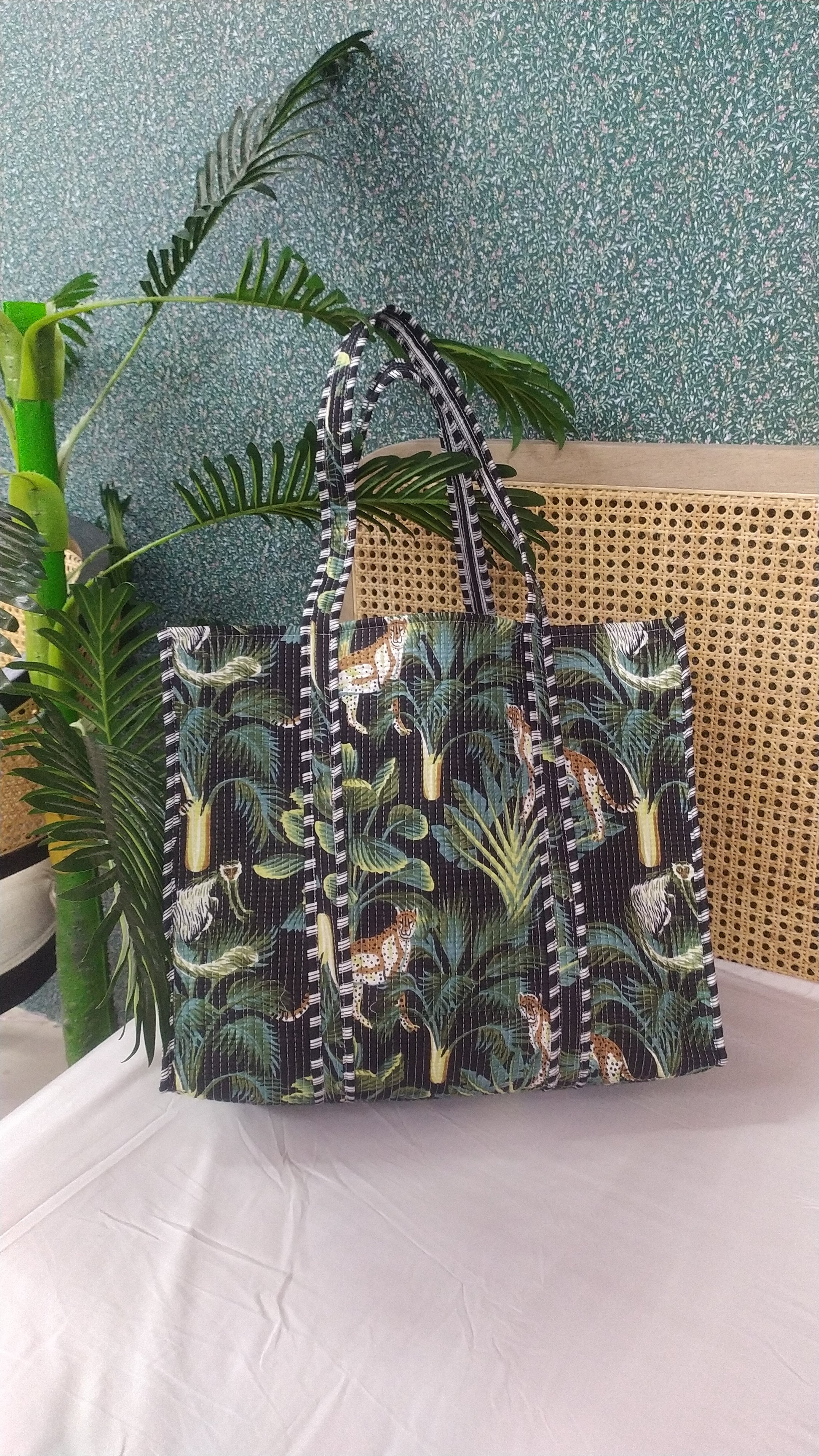 Handblock Printed Quilted Tote Bag without zip/button 17x18x 6 inches