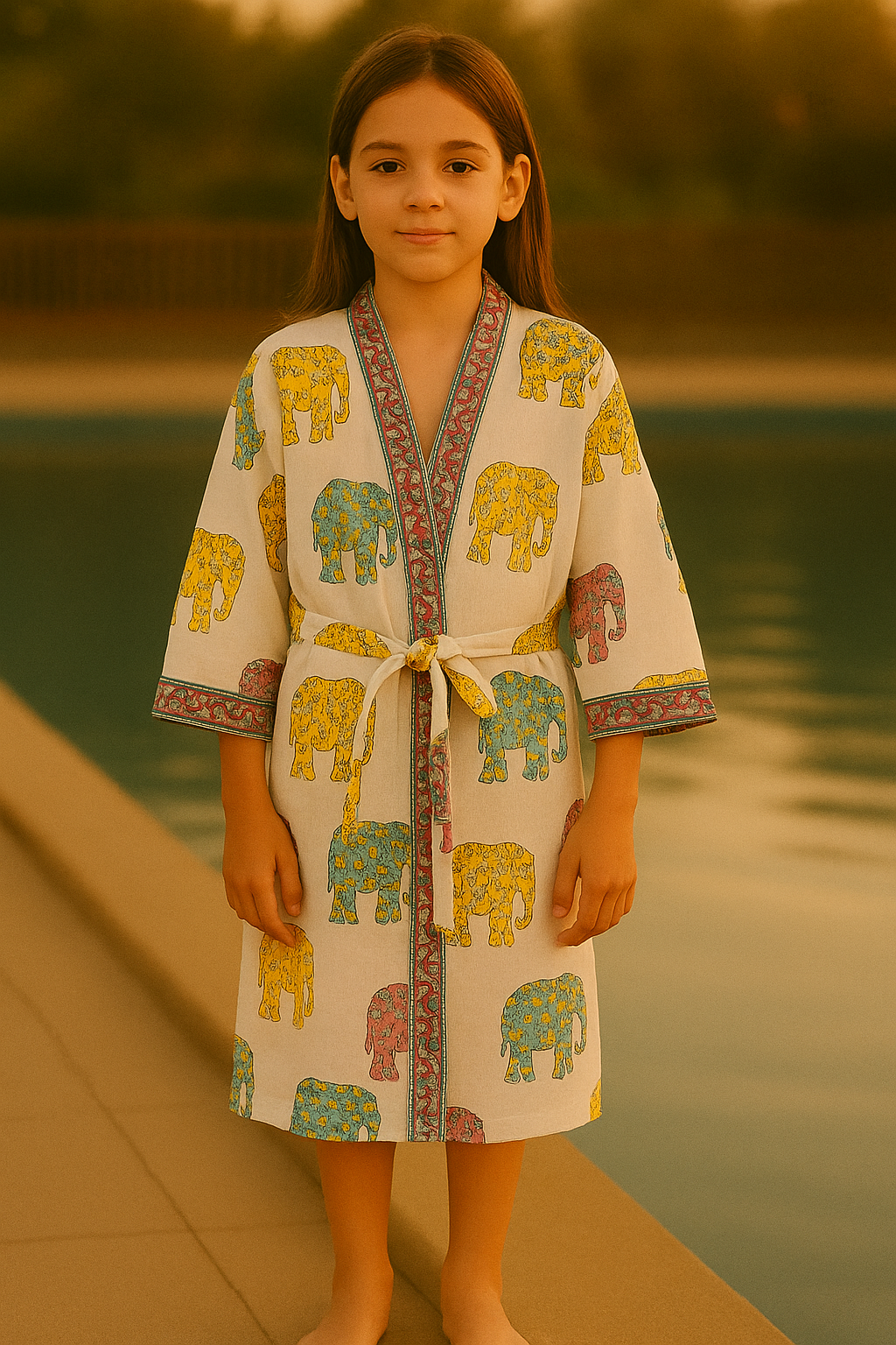 Handblock printed waffle cotton bathrobe for kids - 4-13 years old
