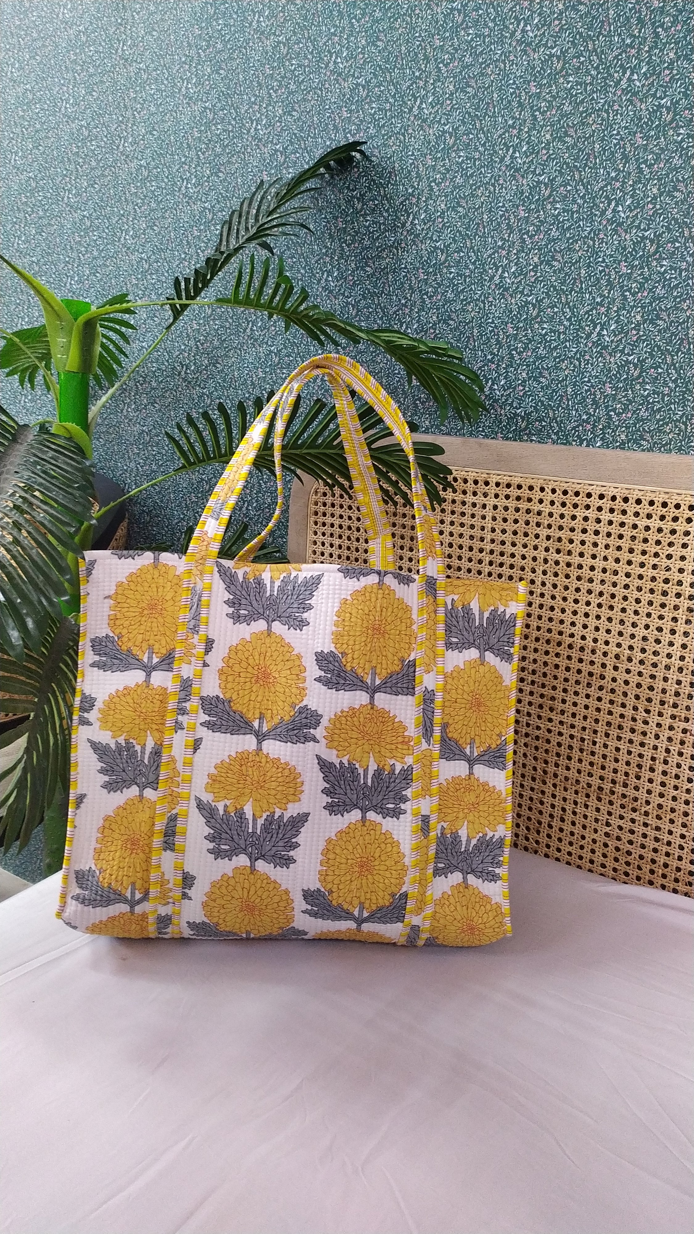 Handblock Printed Quilted Tote Bag without zip/button 17x18x 6 inches