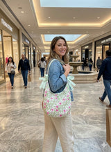 Quilted Handblock printed Slouch Shoulder Bag with bow