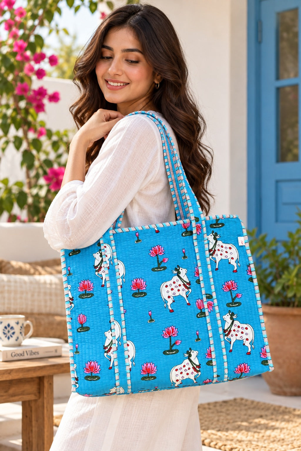 Handblock Printed Quilted Tote Bag with concealed zip ( 17x18x 6 inches)