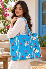 Handblock Printed Quilted Tote Bag with concealed zip ( 17x18x 6 inches)