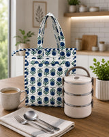 Handblock Printed Insulated Lunch Bag in Canvas Cotton with Zipper Closure (10*14*5  inches)