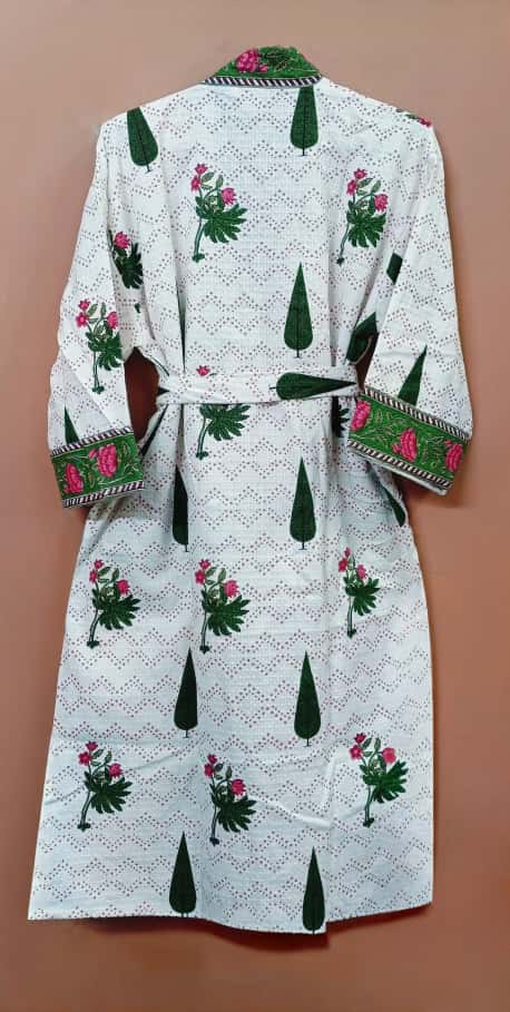 Waffle Cotton Handblock Printed Unisex Bathrobe - Free Size