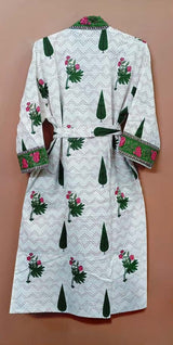 Waffle Cotton Handblock Printed Unisex Bathrobe - Free Size