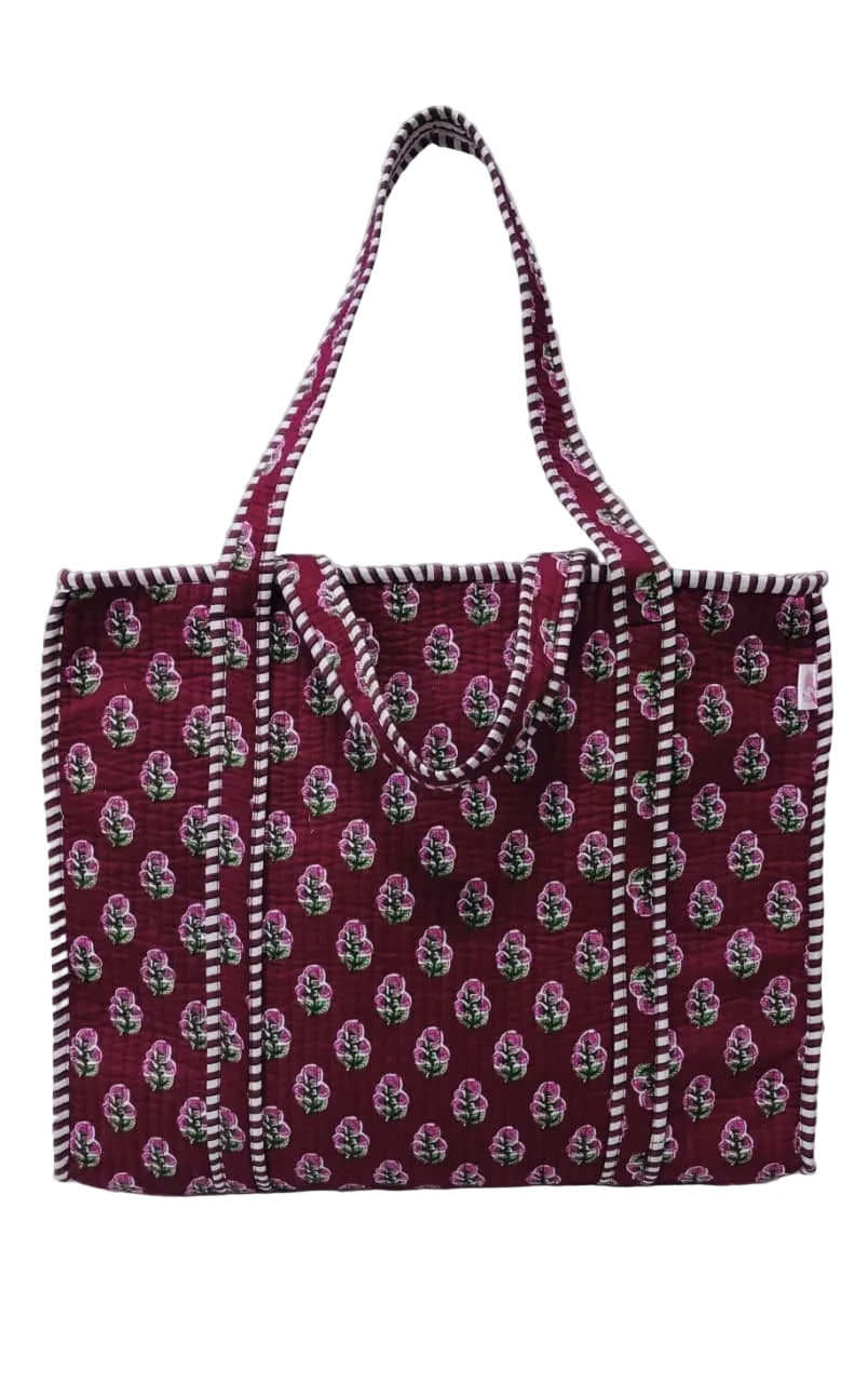 Handblock Printed Quilted Tote Bag with concealed zip ( 17x18x 6 inches)