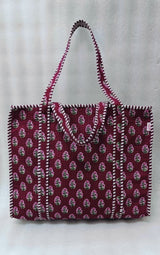 Handblock Printed Quilted Tote Bag with concealed zip ( 17x18x 6 inches)