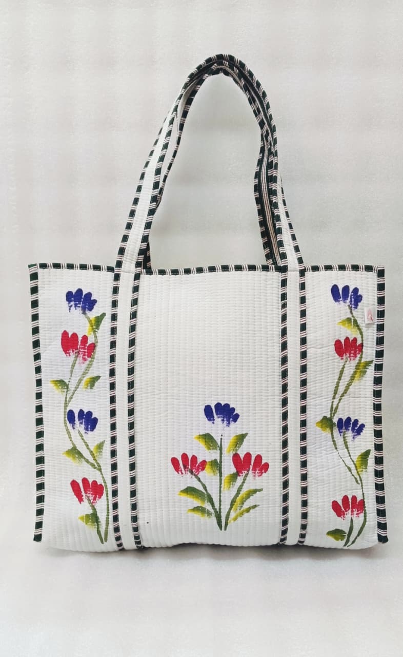 Hand-Painted Floral Tote Bag – Double-Sided Artisan Cotton Tote | Spacious Everyday Carry Bag (No Zip)- 17x18x6 inches