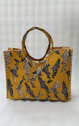 Handblock Printed Cotton Tote Bag with Unique Moon-Shaped Handle- 14x14x6 inches