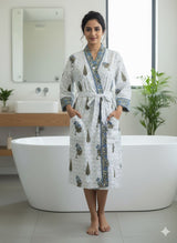 Waffle Cotton Handblock Printed Unisex Bathrobe - Free Size