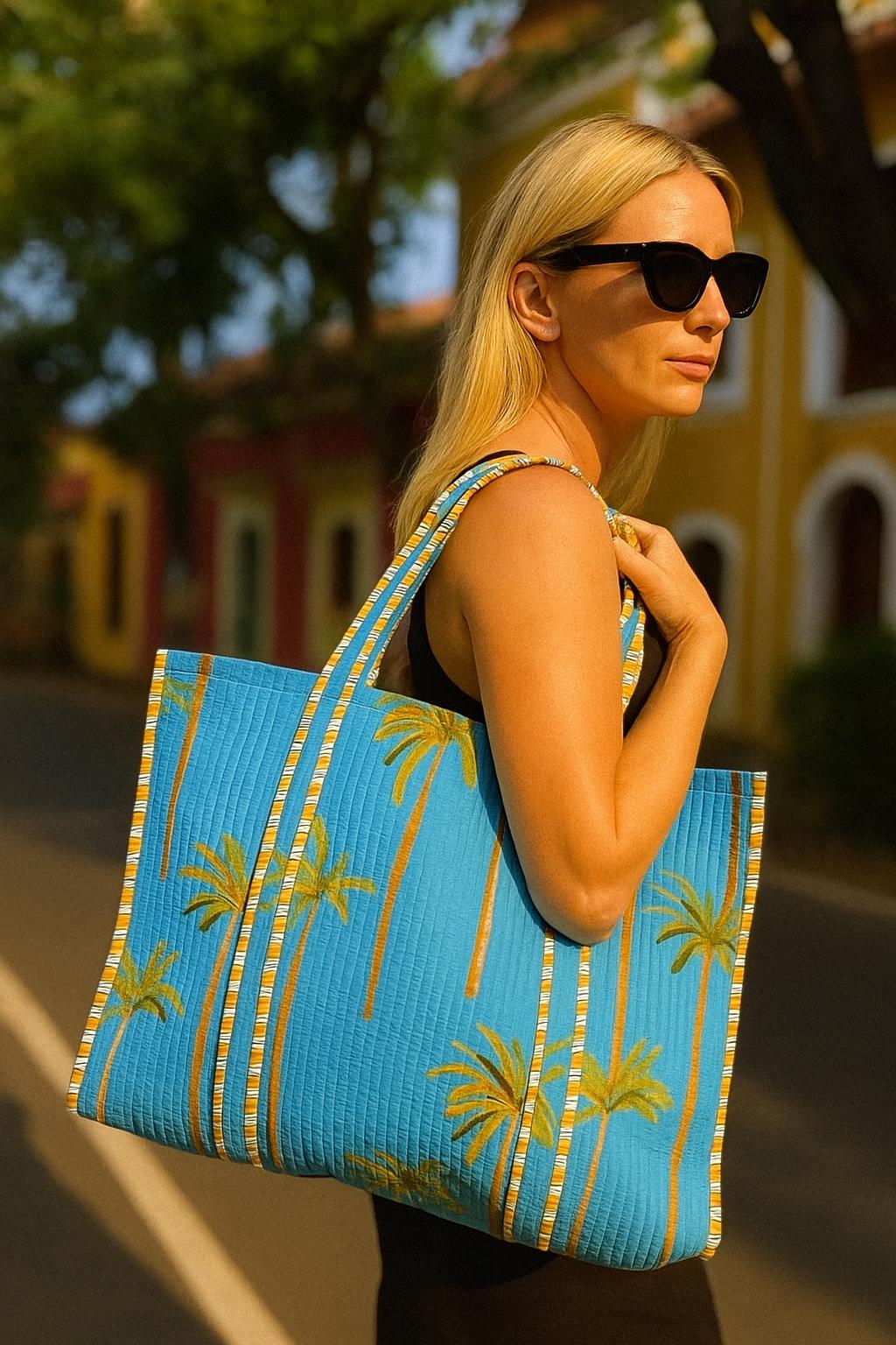 Handblock Printed Quilted Tote Bag without zip/button 17x18x 6 inches