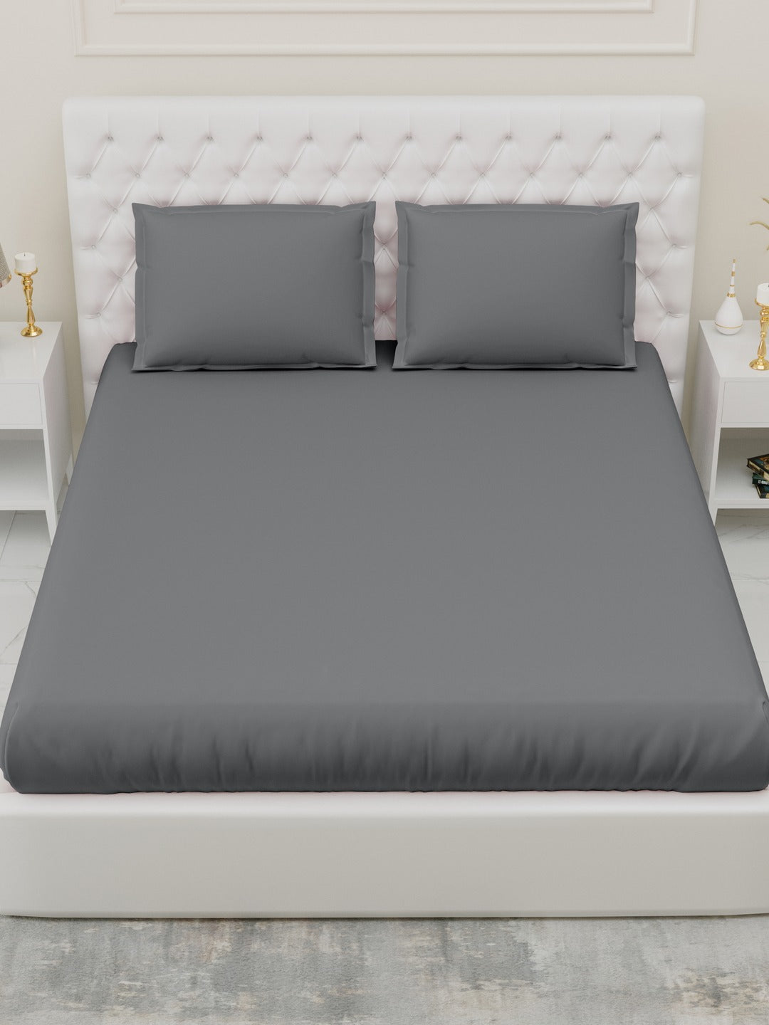 Fitted Bedsheets with elastic and 2 Pillow Covers - Light Grey