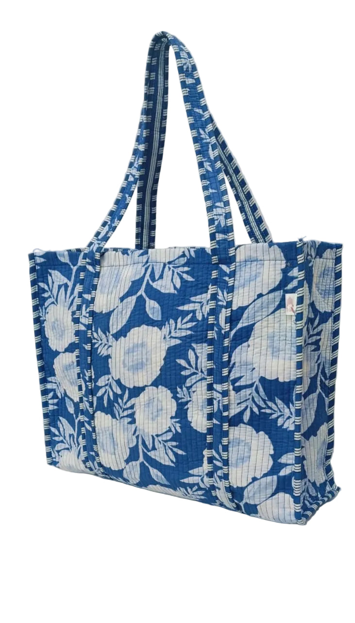 Handblock Printed Quilted Tote Bag without zip/button 17x18x 6 inches