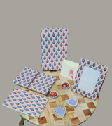 Gift Box with Work Desk Essential : 1 Diary, 1 Notepad, 1 Photoframe, 2 laddoo candles, 2 handblock candles