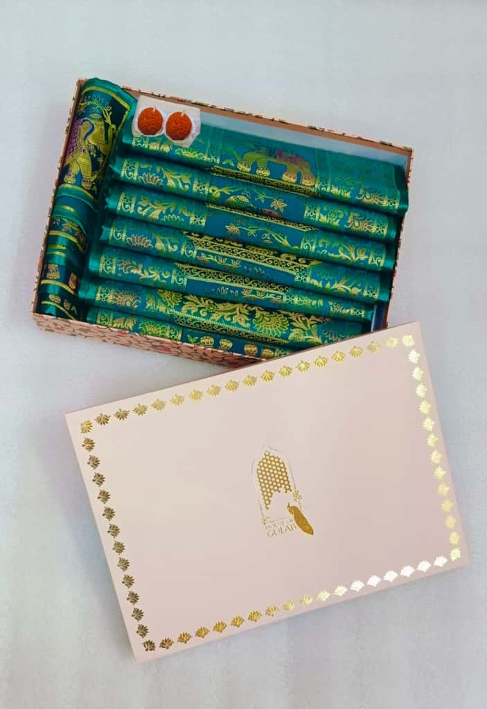 Diwali Gift Box with Banarasi Zari Table Runner, Set Of 6 Mats, 6 coaster & 2 laddoo candles