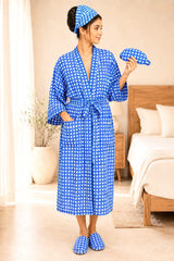 Gift Box With Handblock Print Cotton Robe Gift Set with Sleep Mask, Slippers & Headband