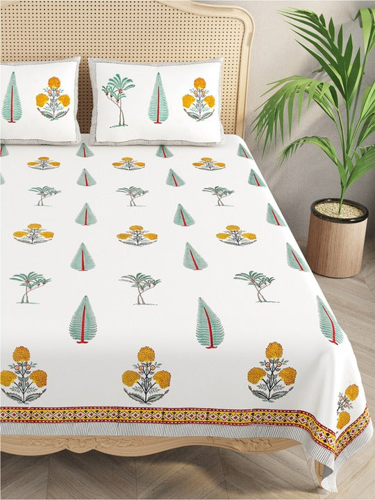 Handblock Printed Super King Size Bedsheet with 2 Pillow Covers