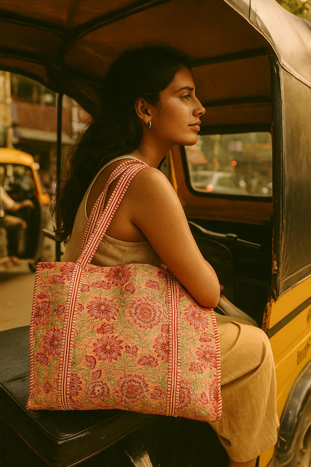 Handblock Printed Quilted Tote Bag without zip/button 17x18x 6 inches