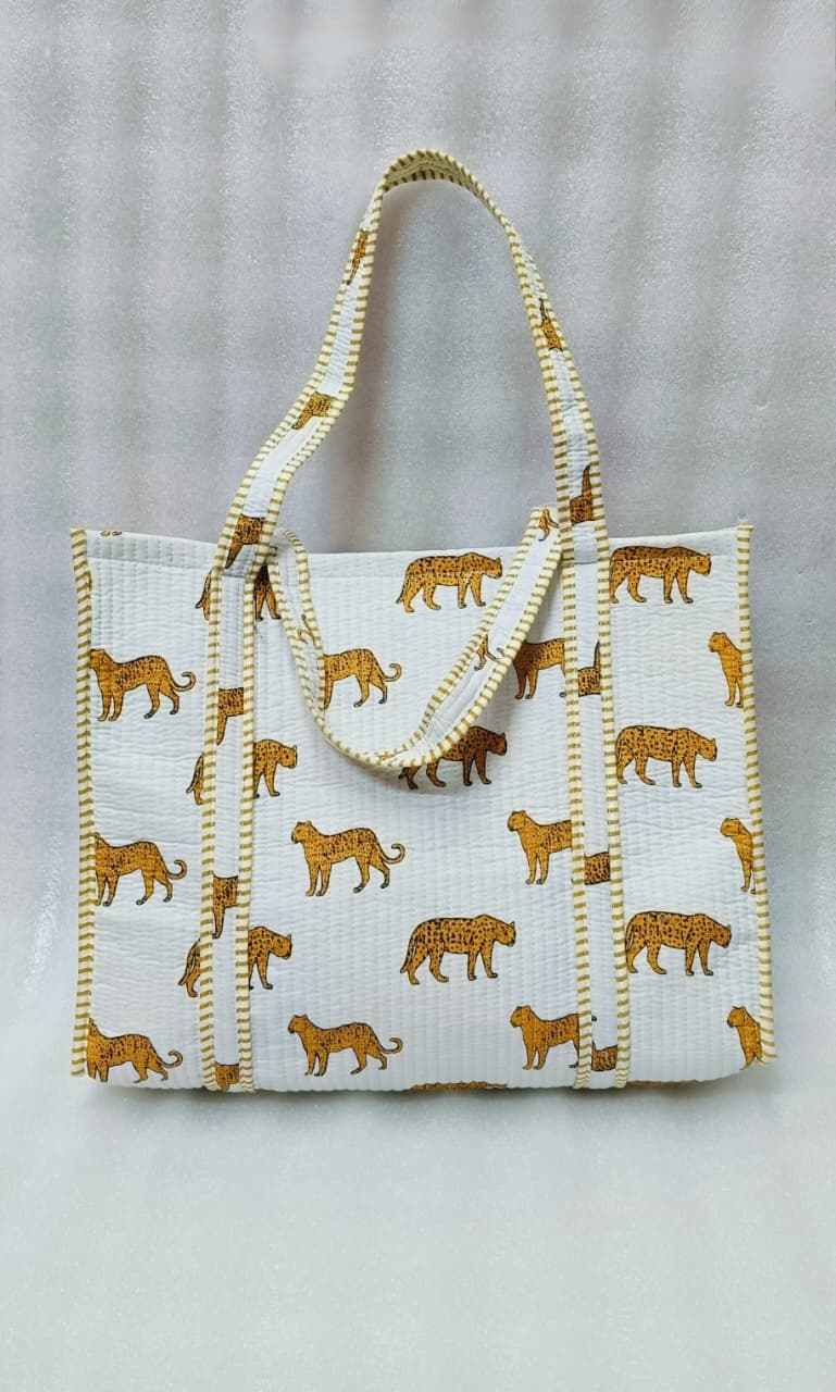 Handblock Printed Quilted Tote Bag without zip/button 17x18x 6 inches