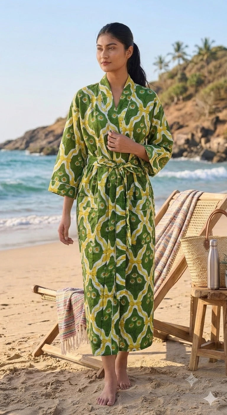 Cotton Kimono Handblock Printed Unisex Bathrobe - Free Size