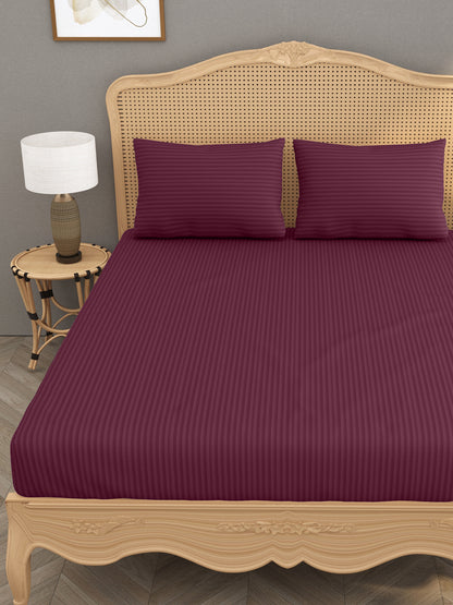 House of Gulab 100% Cotton Double Bedsheet (Stripes, Maroon)