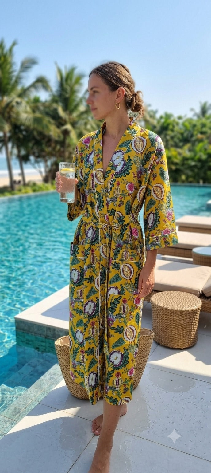 Cotton Kimono Handblock Printed Unisex Bathrobe - Free Size