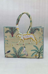 Handblock Printed Cotton Tote Bag with Unique Moon-Shaped Handle- 14x14x6 inches
