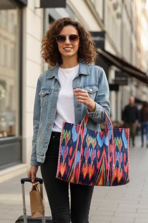 Handblock Printed Quilted Tote Bag without zip/button 17x18x 6 inches