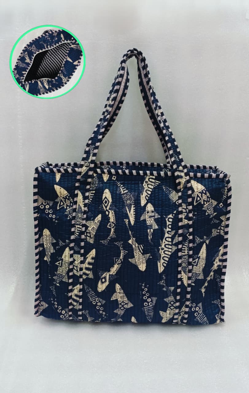 Handblock Printed Quilted Tote Bag with concealed zip ( 17x18x 6 inches)