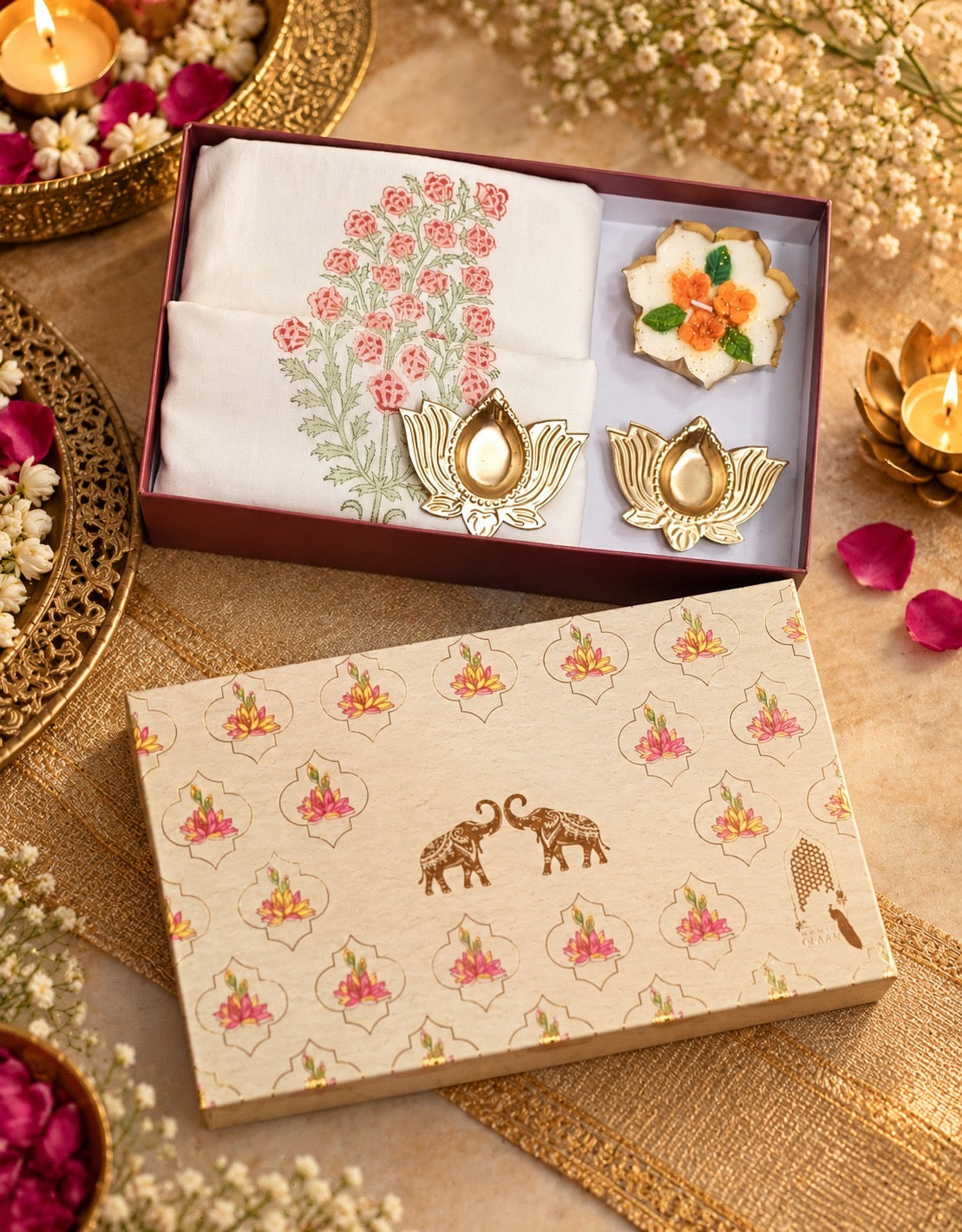 Diwali Home Décor Gift Box with 2 Cushion Covers, 1Handmade Floral Soy Wax Candle & 2 Metal Diyas