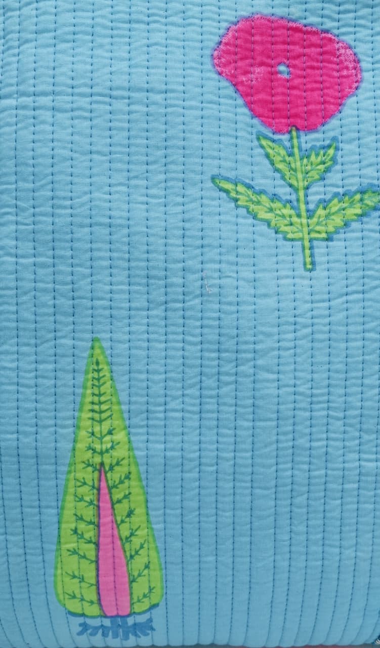 Handblock Printed Cotton Tote Bag with Unique Moon-Shaped Handle- 14x14x6 inches