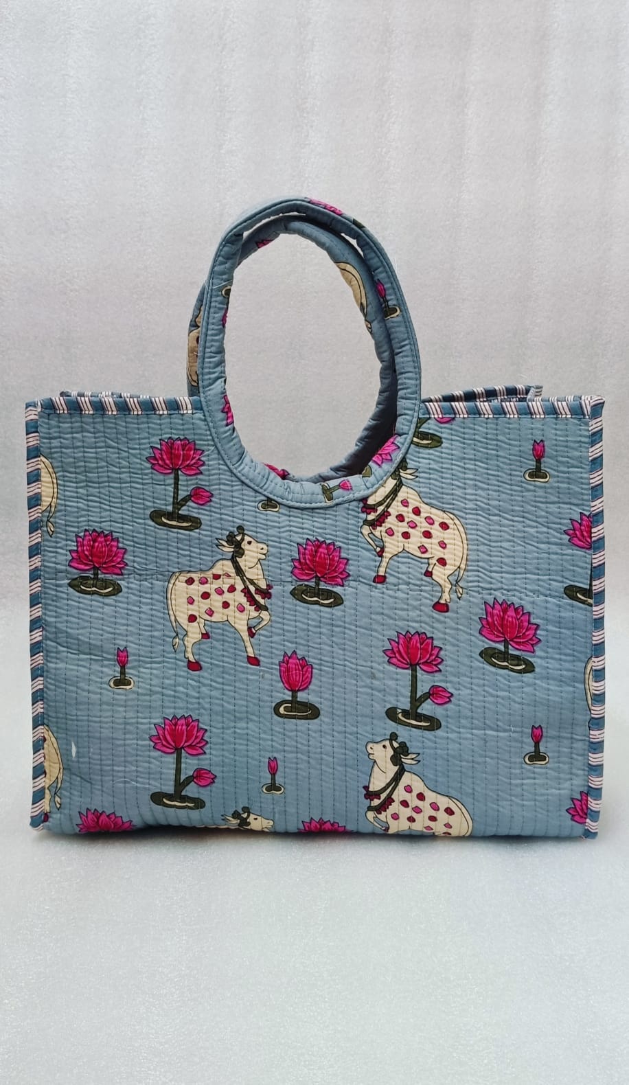 Handblock Printed Cotton Tote Bag with Unique Moon-Shaped Handle- 14x14x6 inches