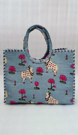 Handblock Printed Cotton Tote Bag with Unique Moon-Shaped Handle- 14x14x6 inches
