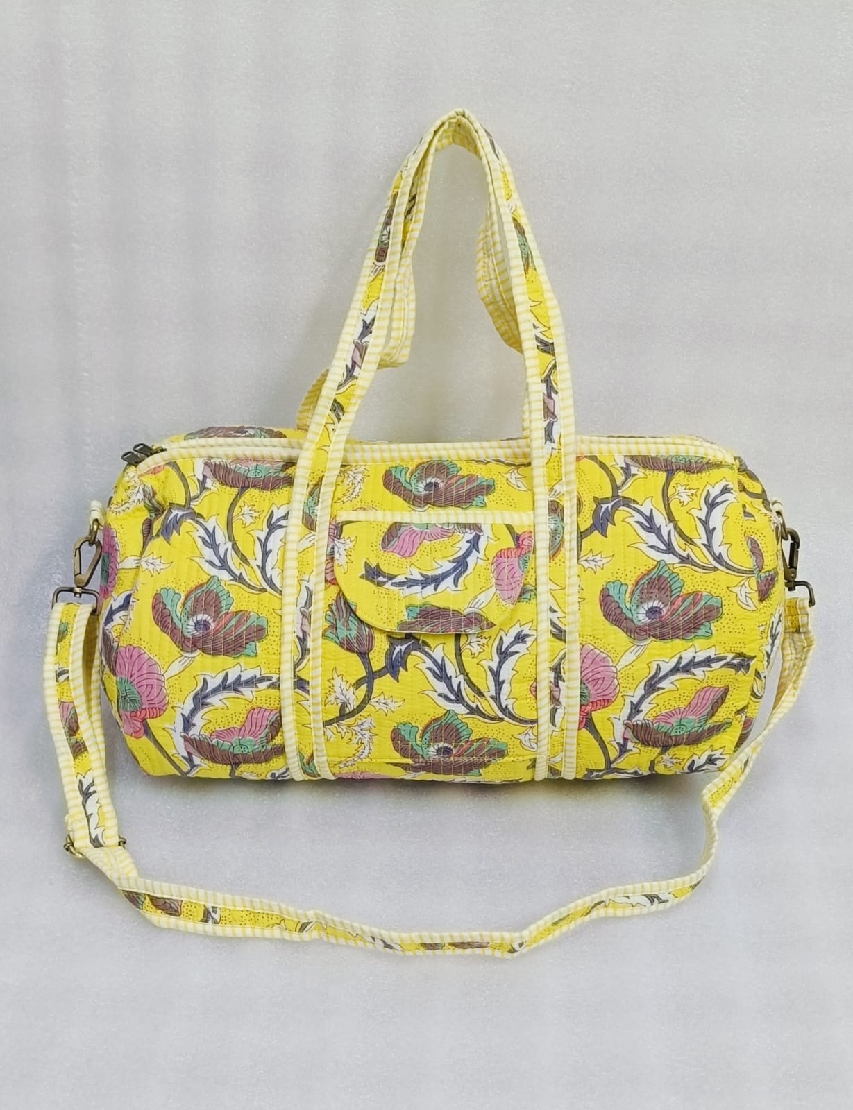 Block Printed Quilted Duffle Bag with Concealed Zip